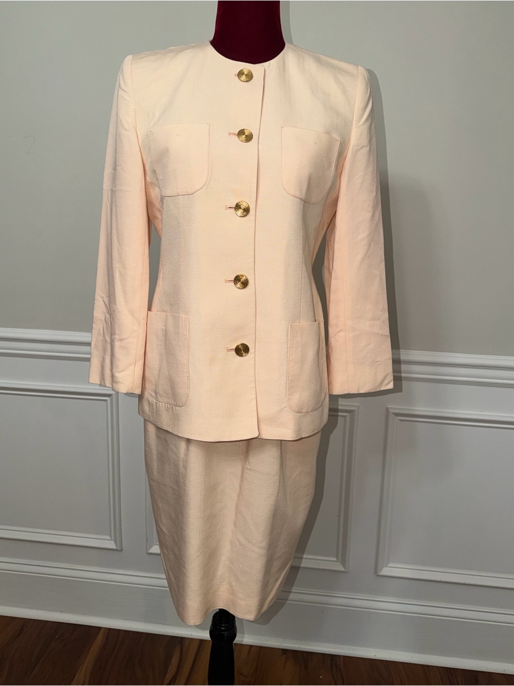 Vintage Charter Club Skirt Suit 2pc Peach Pink Linen Blend Gold Buttons